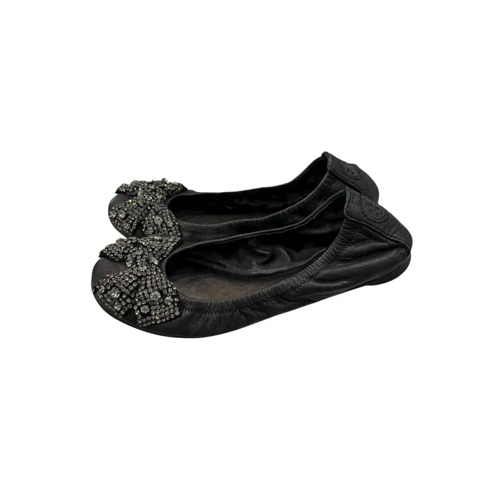 Tory Burch Eddie V Embellished Bow Ballet Flats Black Women’s 6.5M